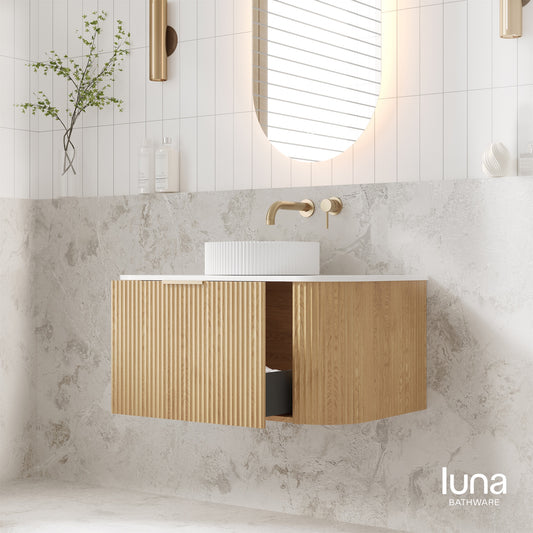 V-Groove 750mm Wall Hung Curved Vanity American Oak