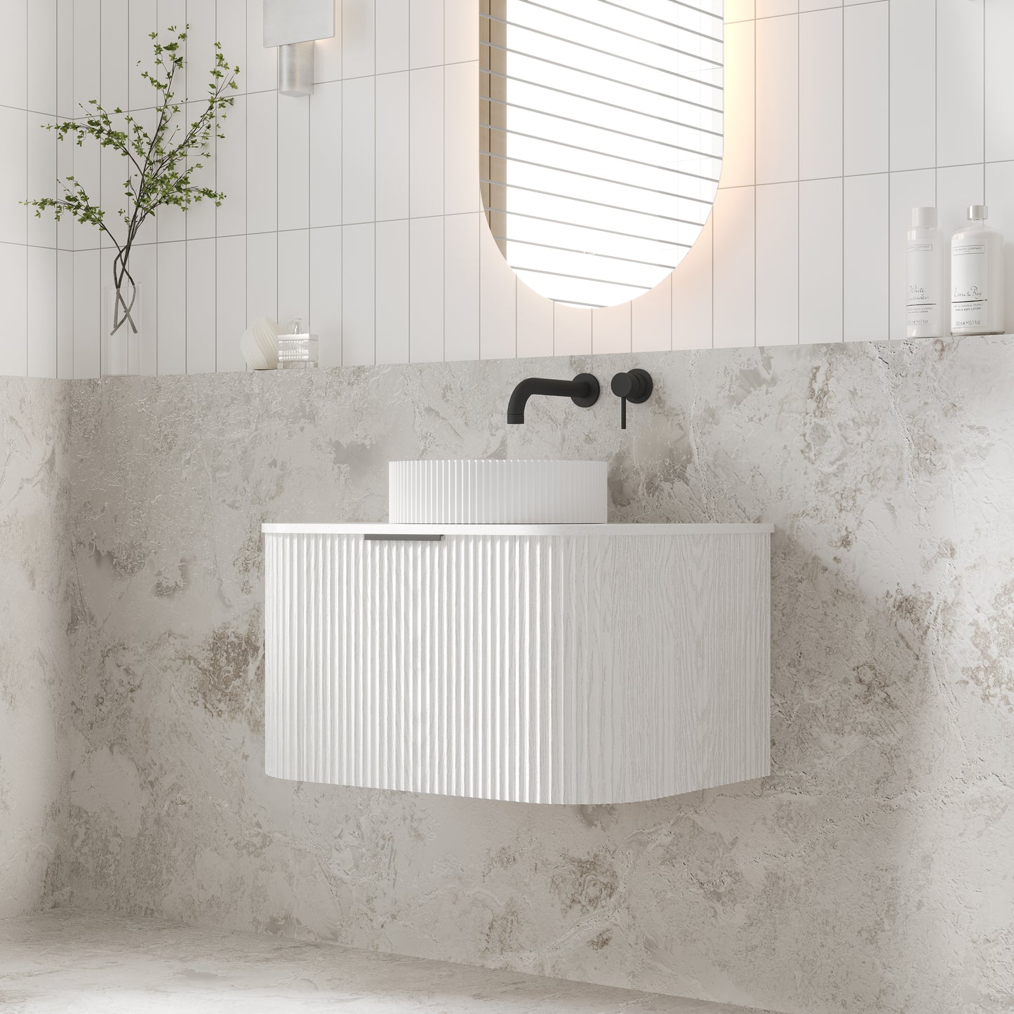 V-Groove 750mm Wall Hung Curved Vanity White Woodgrain