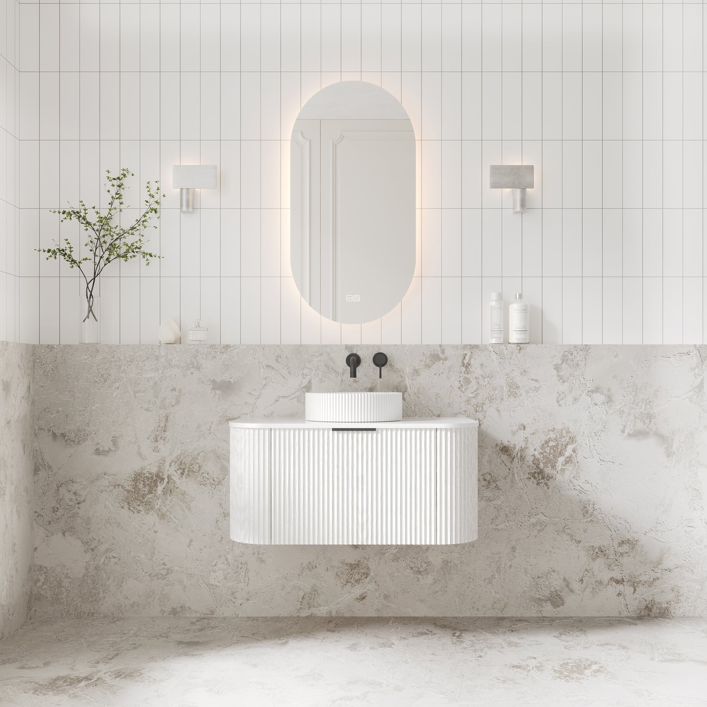 V-Groove 900mm Wall Hung Curved Vanity White Woodgrain