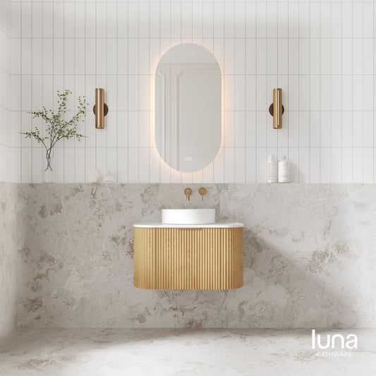 V-Groove 750mm Wall Hung Curved Vanity  American Oak