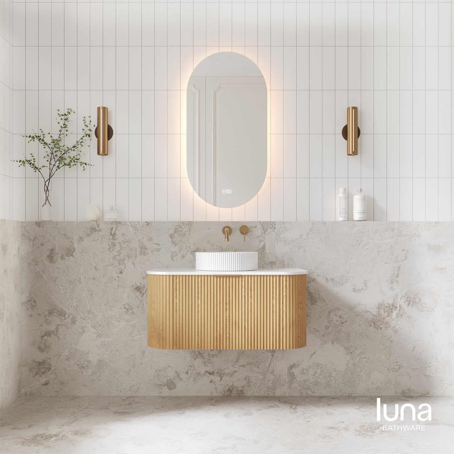 V-Groove 900mm Wall Hung Curved Vanity  American Oak