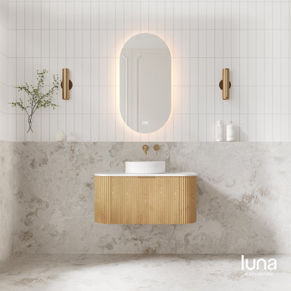 V-Groove 900mm Wall Hung Curved Vanity  American Oak