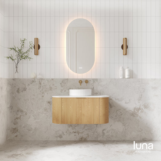 V-Groove 900mm Wall Hung Curved Vanity  American Oak