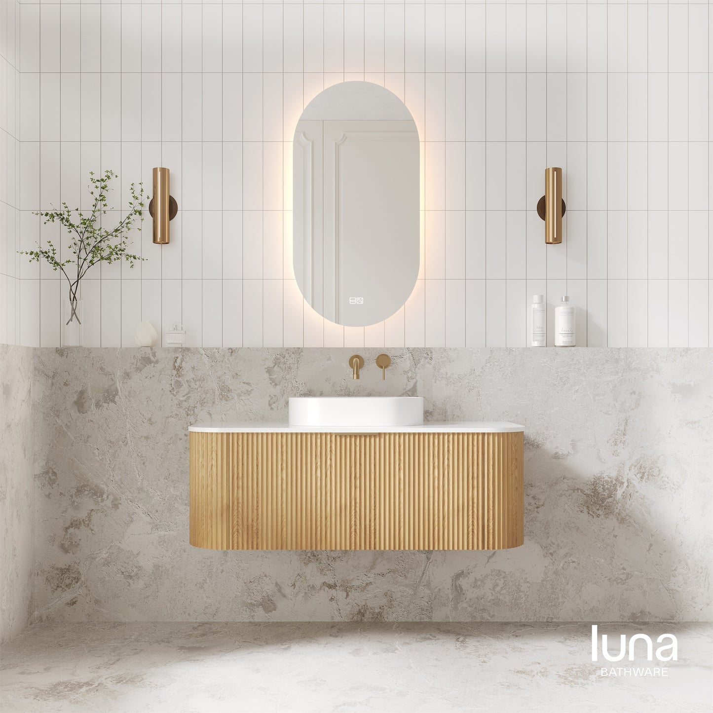 V-Groove 1200mm Wall Hung Curved Vanity  American Oak