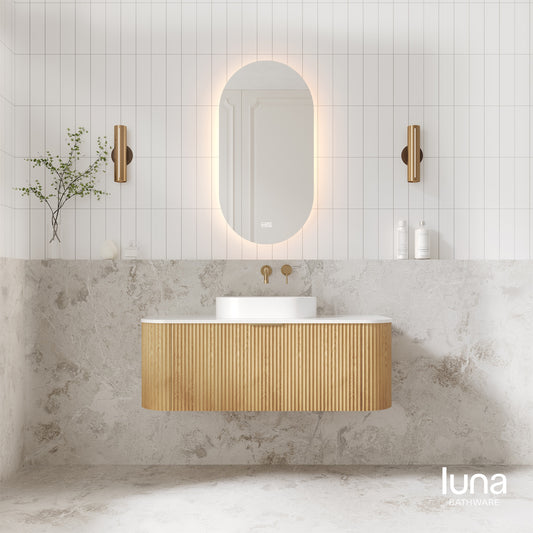 V-Groove 1200mm Wall Hung Curved Vanity  American Oak