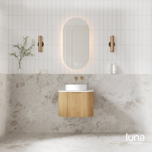 V-Groove 600mm Wall Hung Curved Vanity  American Oak