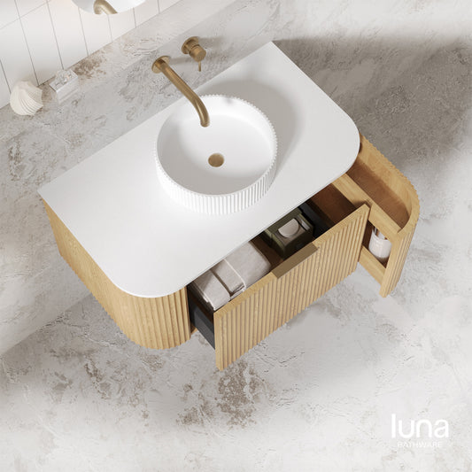 V-Groove 900mm Wall Hung Curved Vanity  American Oak