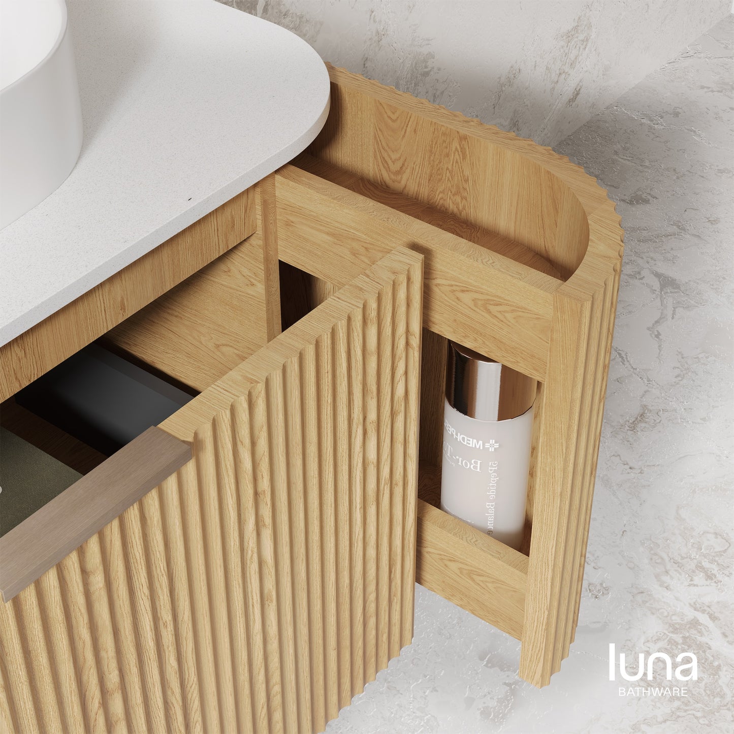 V-Groove 1500mm Wall Hung Curved Vanity  American Oak