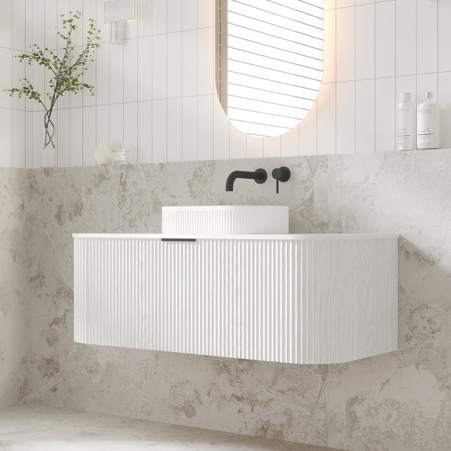 V-Groove 1200mm Wall Hung Curved Vanity  White Woodgrain