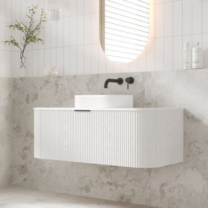 V-Groove 1200mm Wall Hung Curved Vanity  White Woodgrain