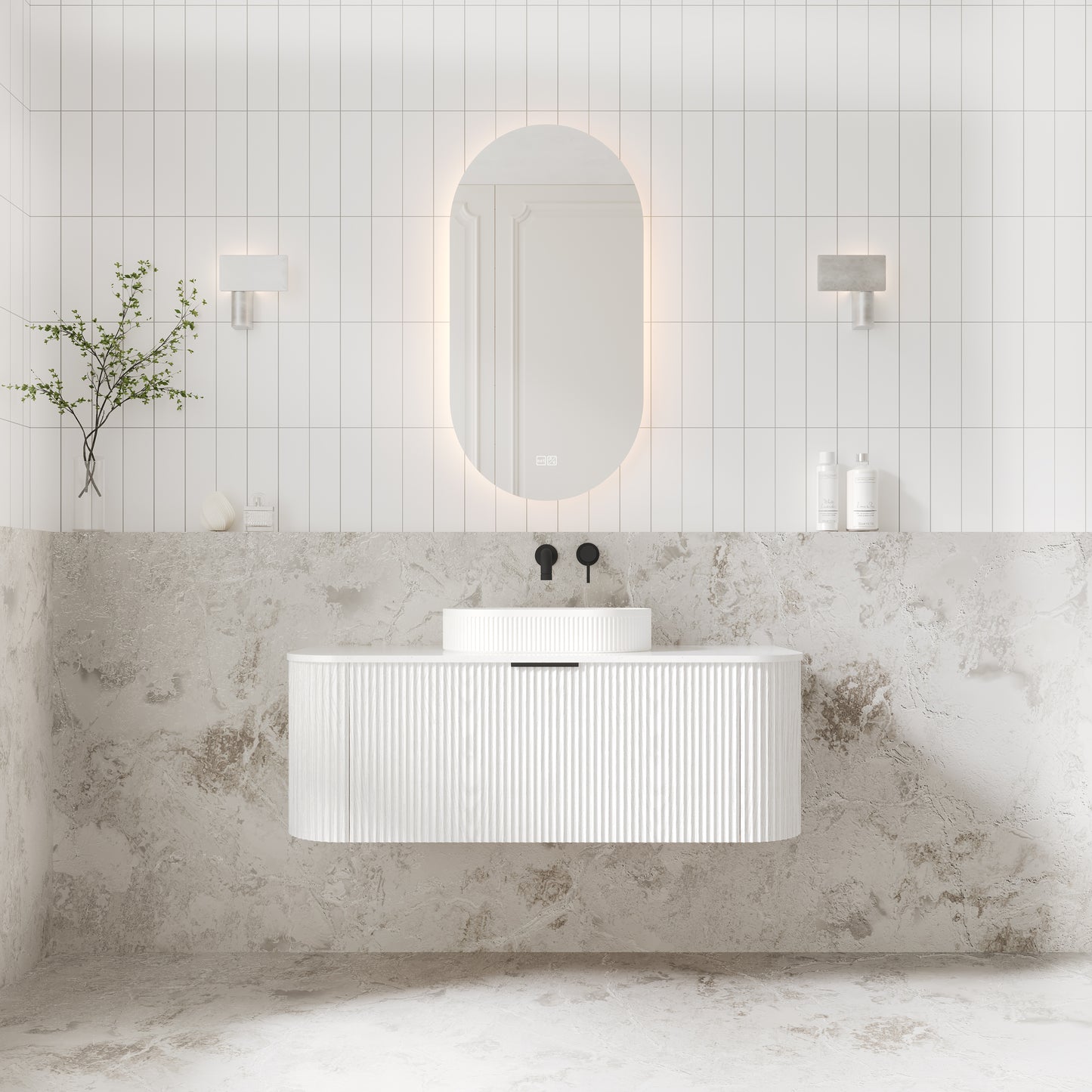 V-Groove 1200mm Wall Hung Curved Vanity  White Woodgrain