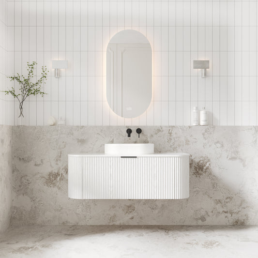 V-Groove 1200mm Wall Hung Curved Vanity  White Woodgrain