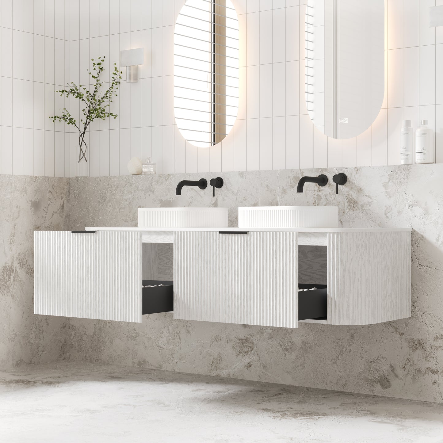 V-Groove 1500mm Wall Hung Curved Vanity  White Woodgrain