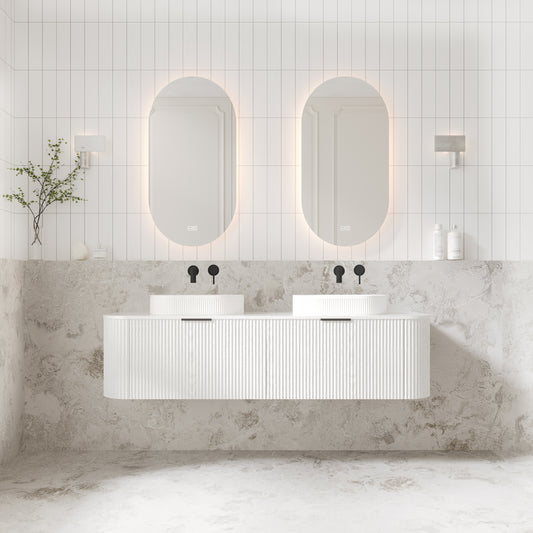 V-Groove 1500mm Wall Hung Curved Vanity  White Woodgrain