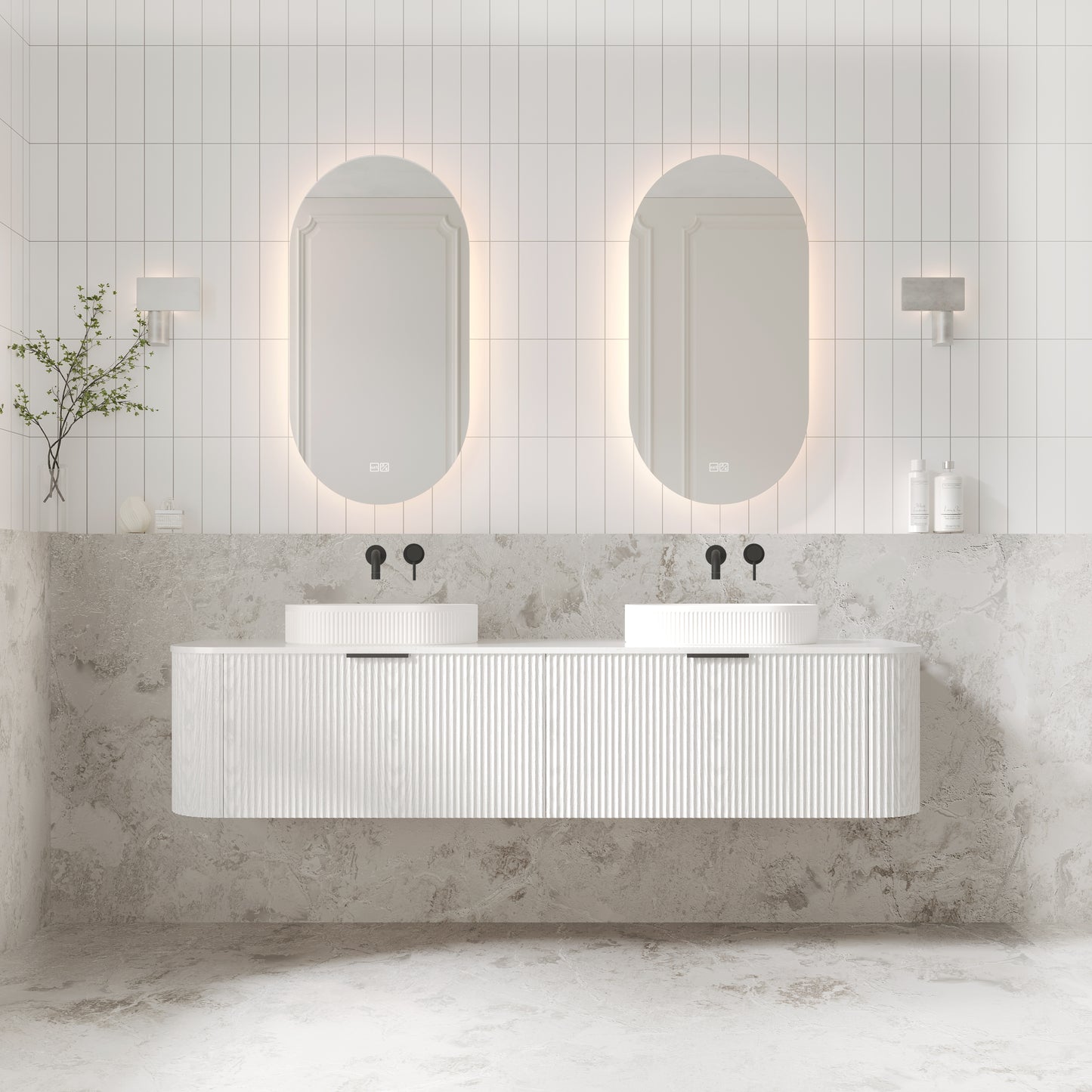 V-Groove 1800mm Wall Hung Curved Vanity  White Woodgrain