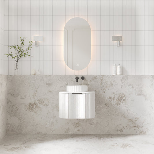 V-Groove 600mm Wall Hung Curved Vanity  White Woodgrain