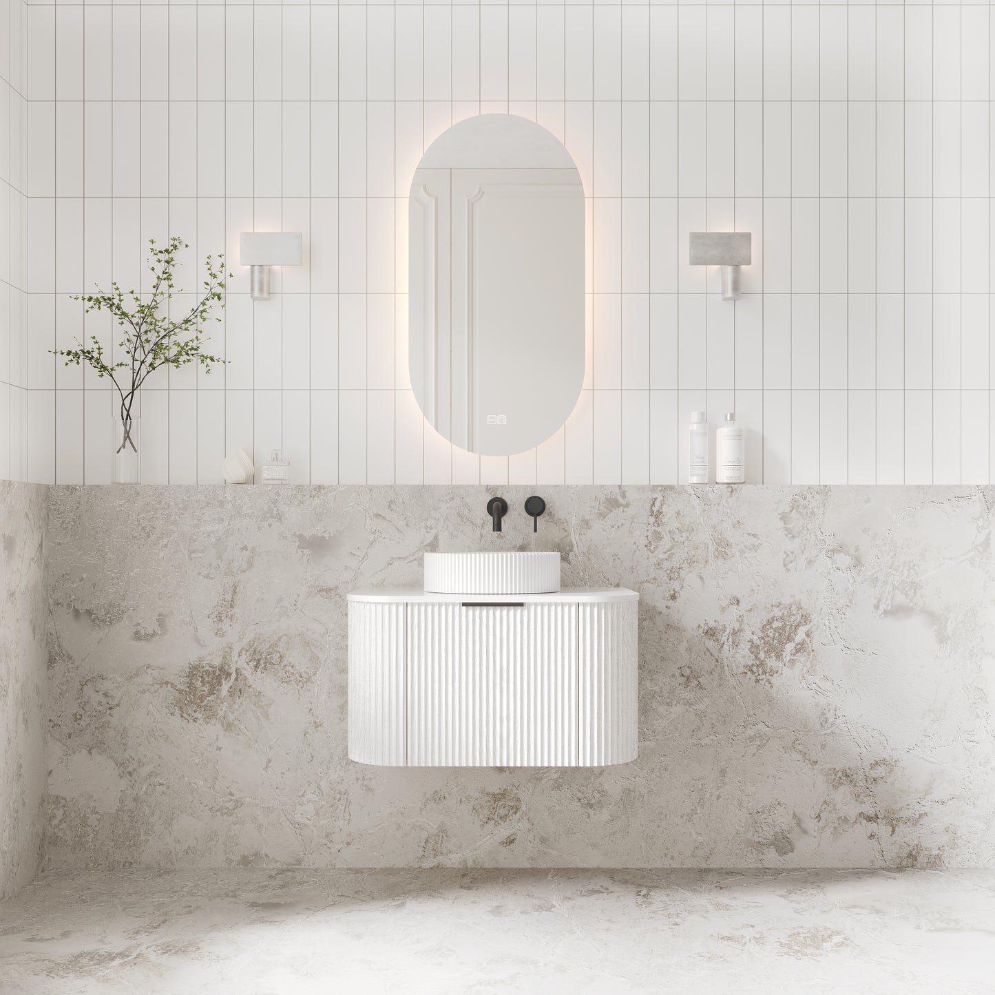 V-Groove 750mm Wall Hung Curved Vanity  White Woodgrain
