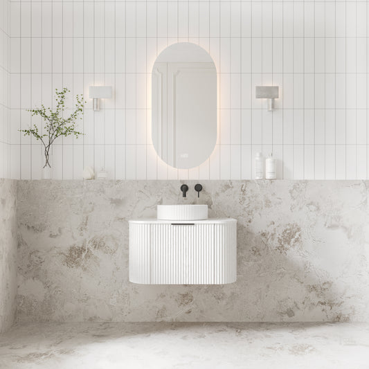 V-Groove 750mm Wall Hung Curved Vanity  White Woodgrain