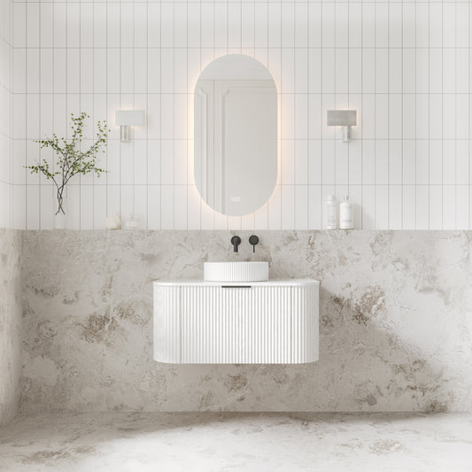 V-Groove 900mm Wall Hung Curved Vanity  White Woodgrain